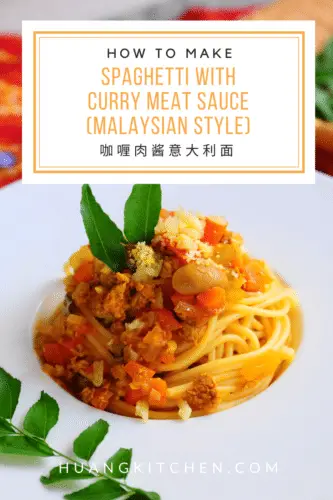 Spaghetti With Curry Meat Sauce (Malaysian Style) Recipe 马来西亚咖喱肉酱意大利面食谱 by Huang Kitchen - Pinterest Cover Photo 1 -Close up vertical of spaghetti dish
