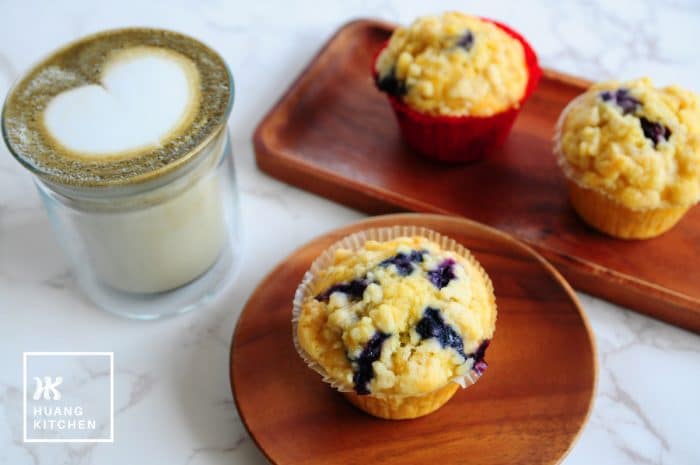 Buttery Blueberry Streusel Muffins Recipe by Huang Kitchen - muffins with hojicha green tea latter in the background