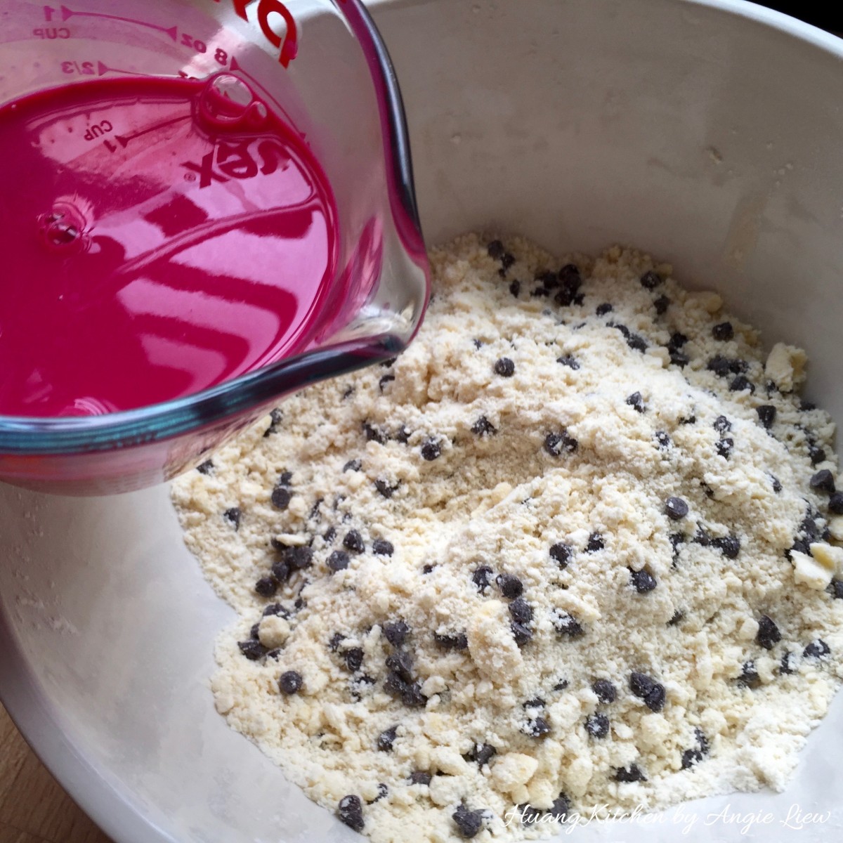 Valentine Scones Recipe - add tinted buttermilk into flour