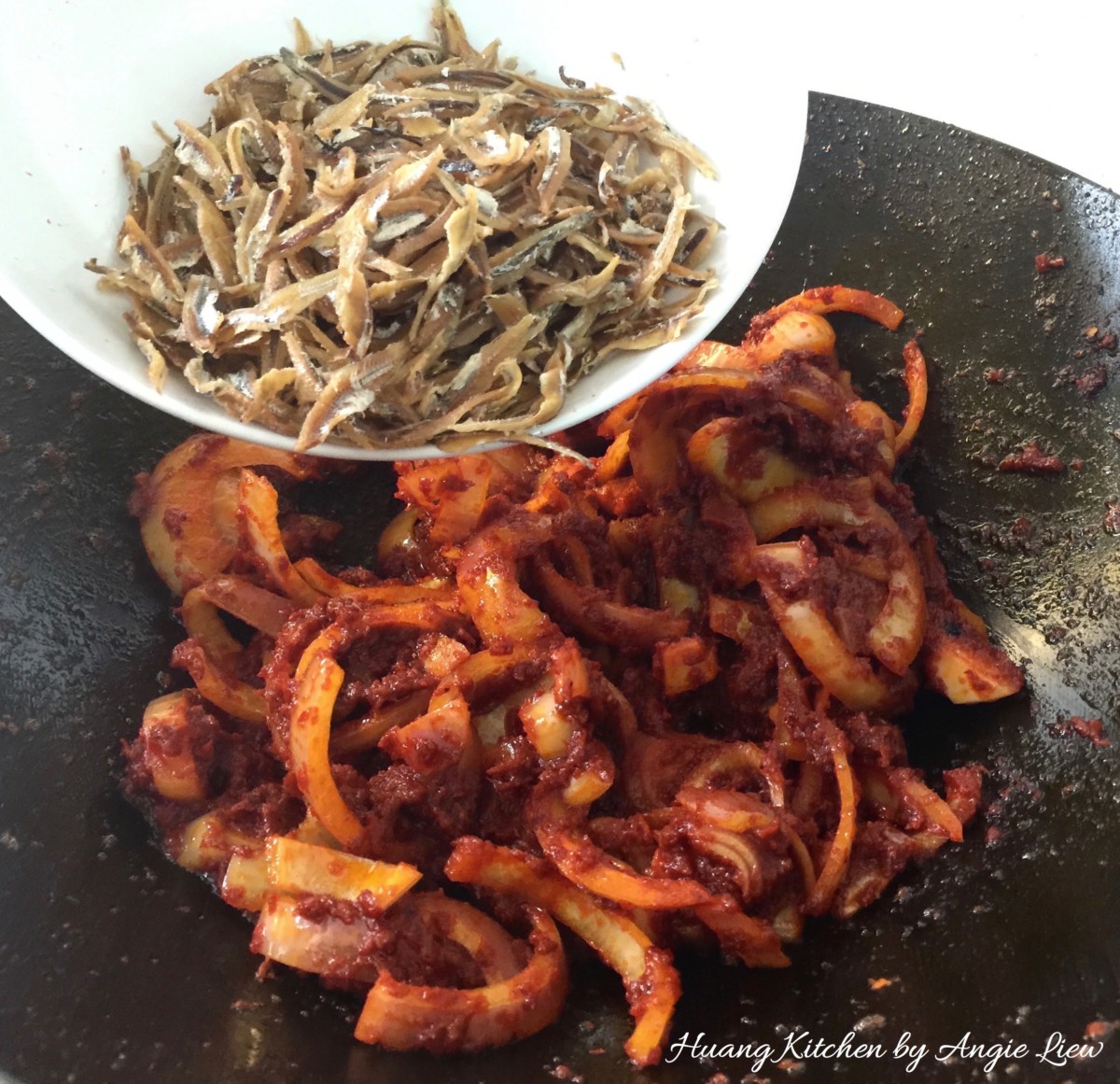 Nasi Lemak Sambal Recipe - add onion anchovies
