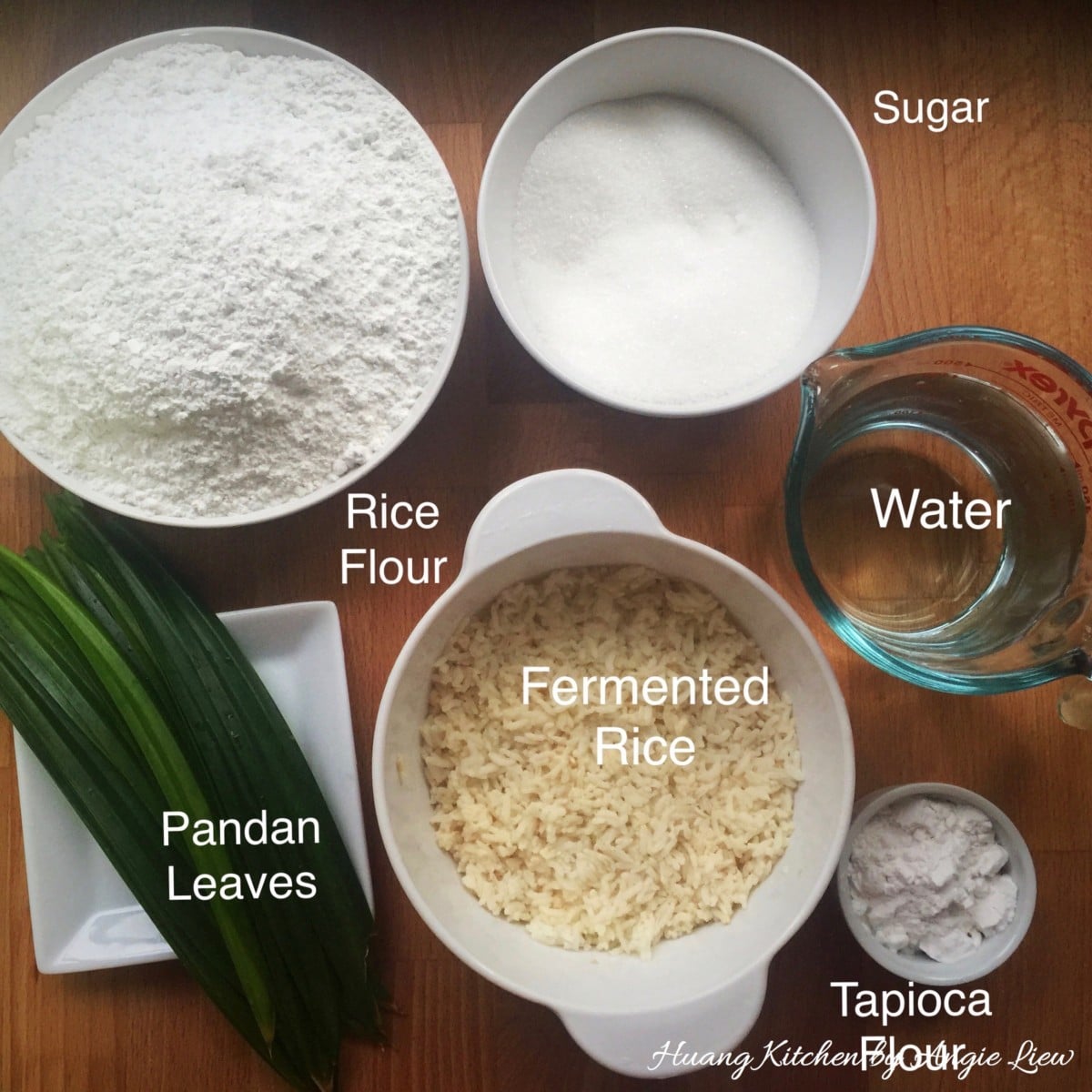 Ingredients to make huat kueh batter.