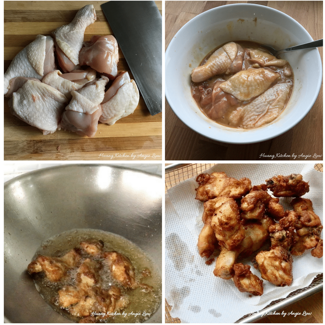 Cut, marinade and fry chicken.
