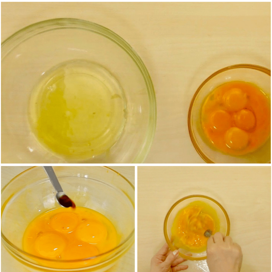 Separate yolk and white of eggs.