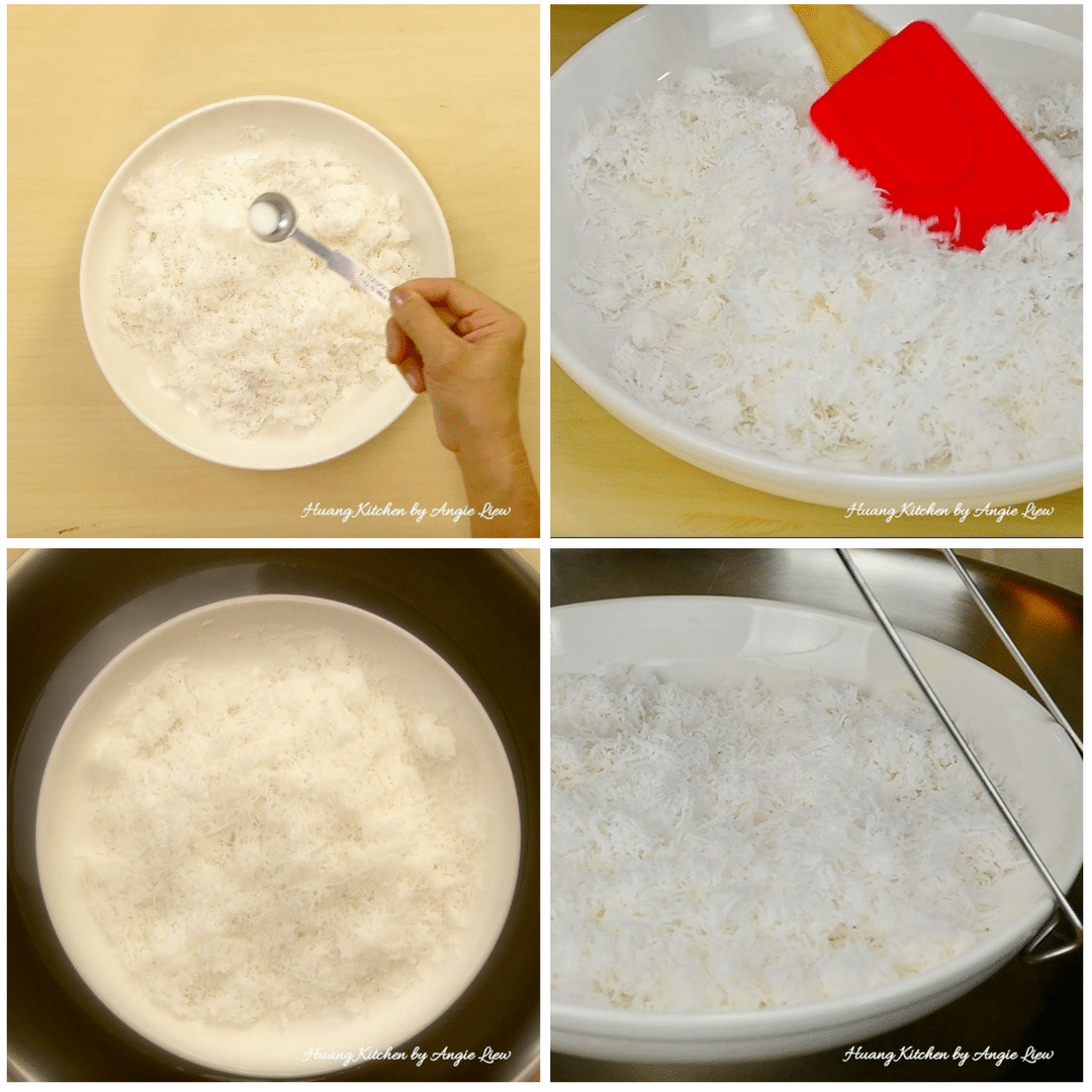 Prepare grated coconut as coating for one one.