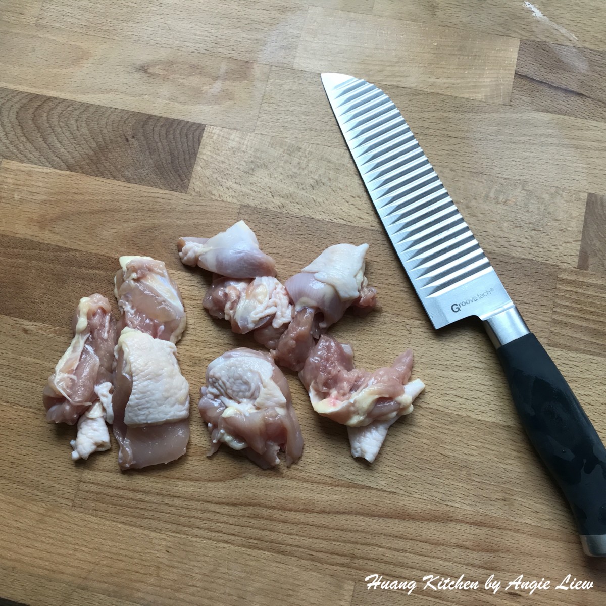 Cut deboned chicken meat into bite size.