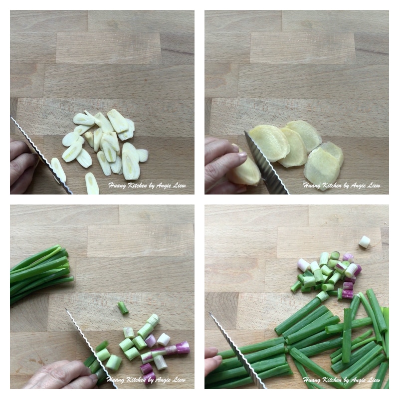 Cut garlic, ginger and spring onions.
