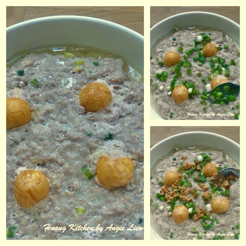 Steamed Minced Meat with Salted Egg Recipe - Garnish with Spring Onion and Fried Garlic