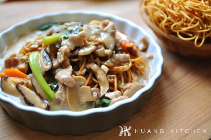 Egg Noodles With Mushroom Soup Recipe by Huang Kitchen - Noodles on serving plate with uncooked egg noodles on the side