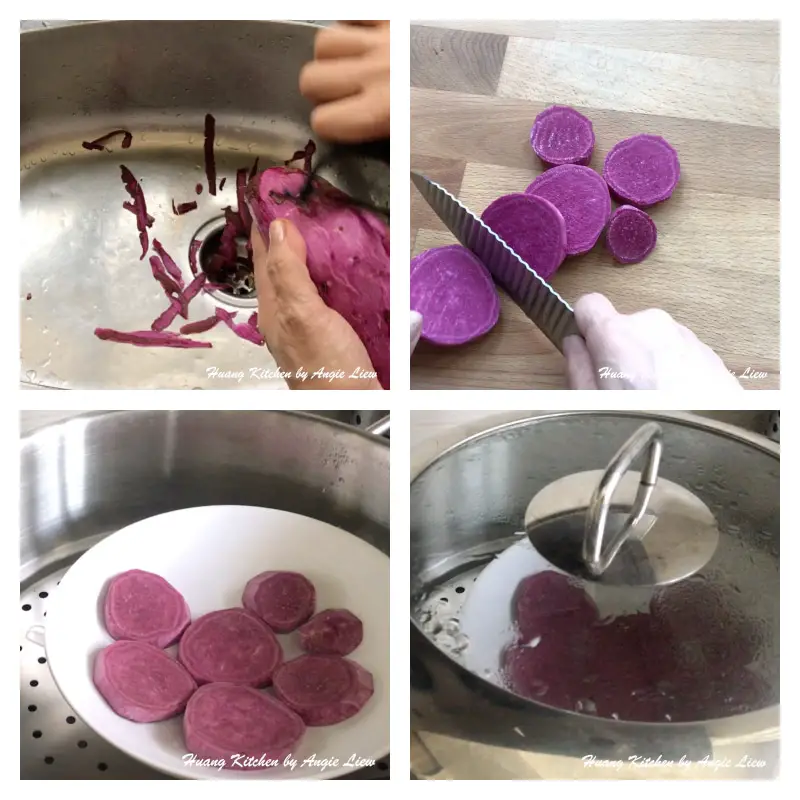 Peel, cut and steam purple sweet potato