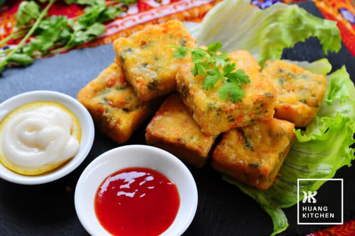 Crispy Homemade Seafood Tofu Recipe by Huang Kitchen - Served with mayonnaise and chilli sauce, on lettuce