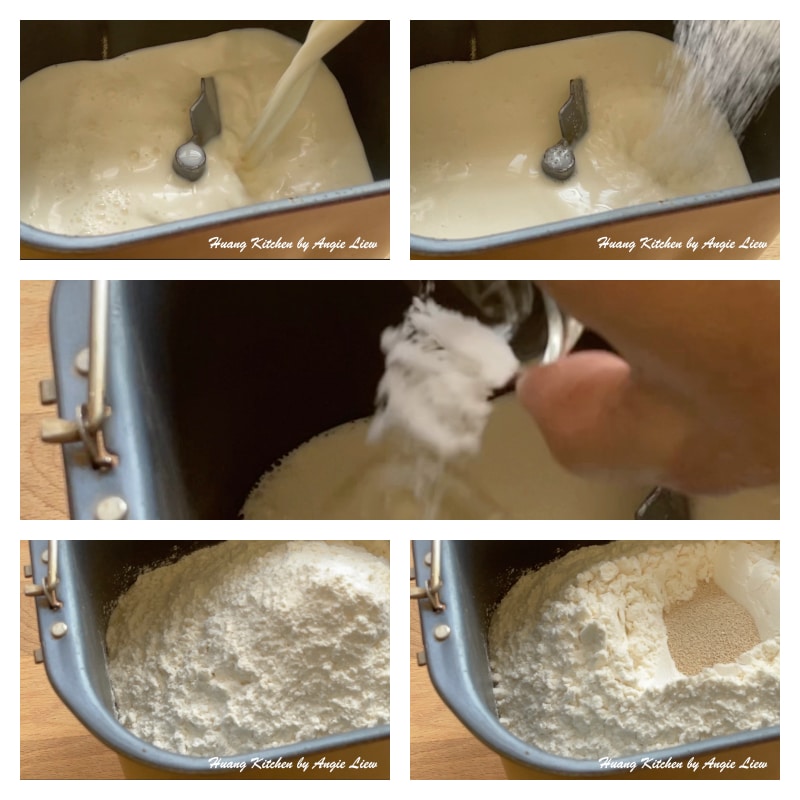 Basic White Bread Bread Machine Recipe by Huang Kitchen - adding ingredients into bread loaf pan