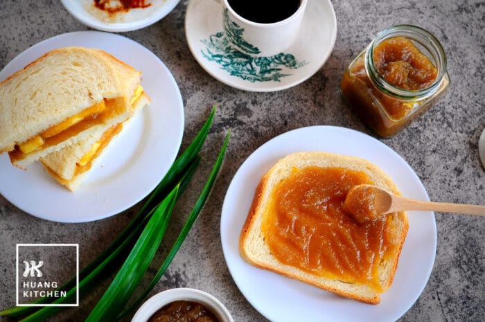 Homemade Caramel Kaya Recipe by Huang Kitchen - Top down view of kaya toast, roti bakar, black coffee and kaya jar