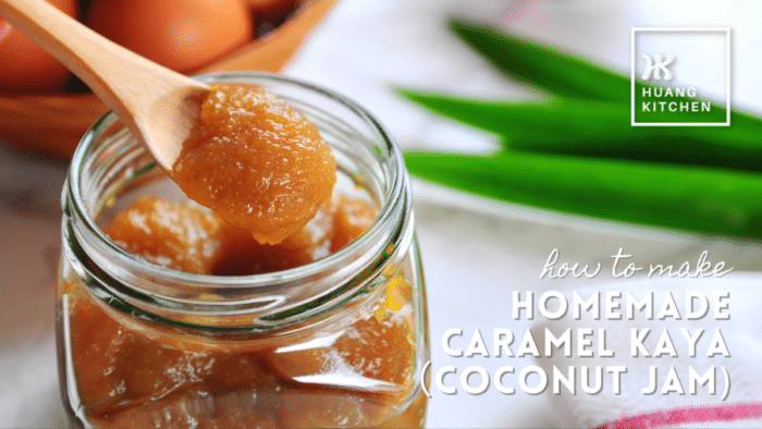 How To Make Homemade Caramel Kaya (Coconut Jam) Recipe by Huang Kitchen Cover Photo - Kaya in glass jar with wooden spoon
