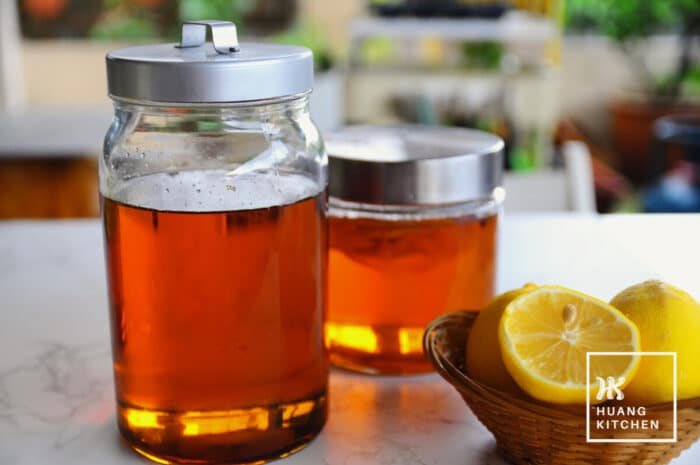 Golden Syrup for Mooncake Recipe by Huang Kitchen - Stored in glass jars with basket of lemons