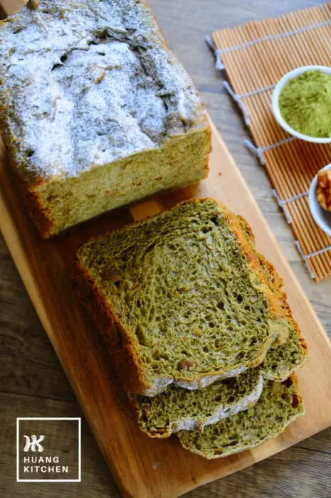  Matcha Green Tea Milk Bread (Bread Machine Recipe) - Vertical Top View of Slices and Loaf
