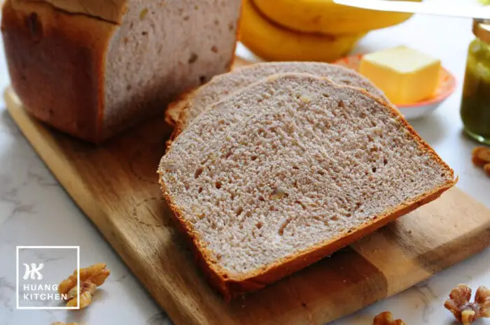 Bread Machine Banana Bread Loaf Recipe 香蕉面包食谱 by Huang Kitchen - A few slices of bread with banana, butter and jam in the white background