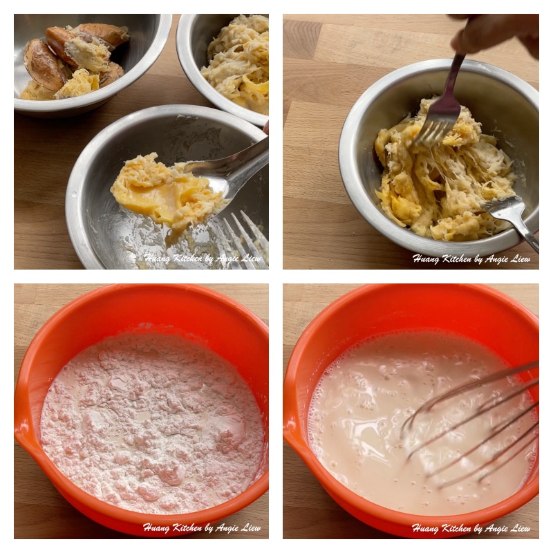 Prepare durian flesh and mix milk, sugar, salt and glutinous rice flour together.