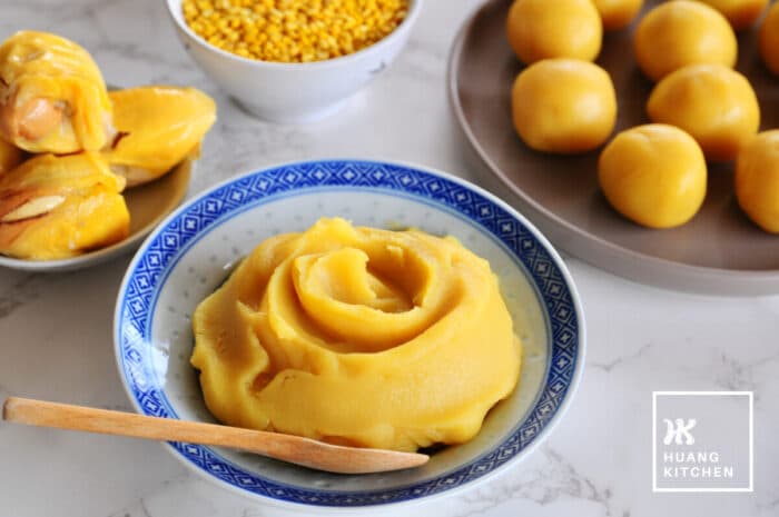 Homemade Durian Mung Bean Pastę Recipe by Huang Kitchen - Mooncake swirl close up white background