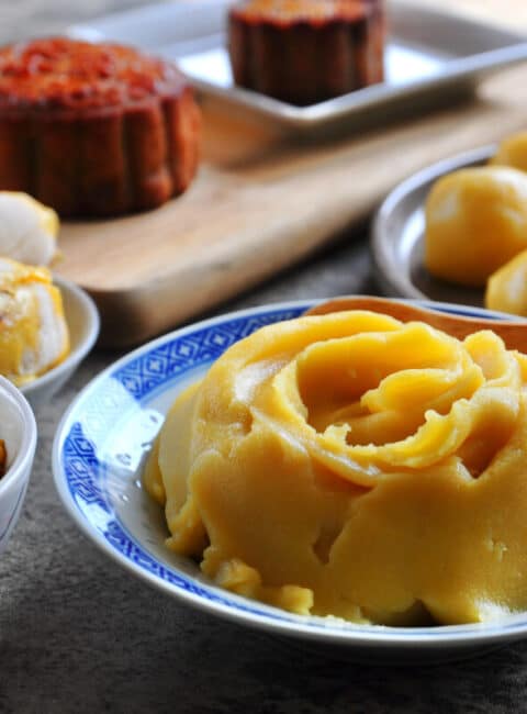 Homemade Durian Mung Bean Pastę Recipe by Huang Kitchen - Paste swirl and balls with ingredients and mooncake in background
