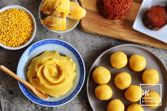 Homemade Durian Mung Bean Pastę Recipe by Huang Kitchen - Top down of mung bean paste with ingredients and mooncake