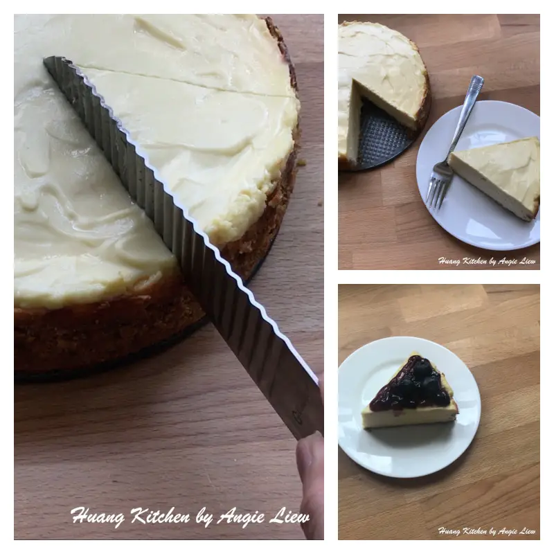 Cut chilled cheesecake