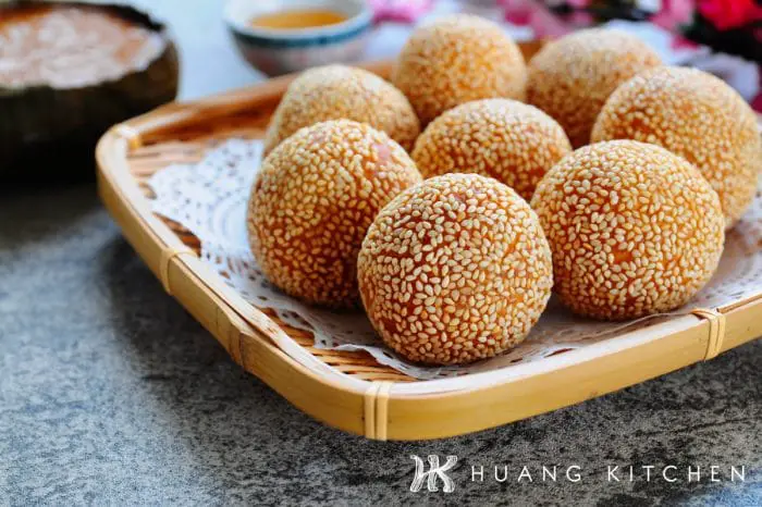 Deep Fried Nian Gao Sesame Balls - Recipe by Huang Kitchen - On Bamboo Tray