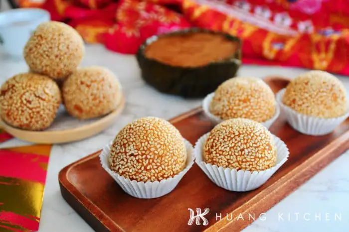  Deep Fried Nian Gao Sesame Balls Recipe by Huang Kitchen - side view with caramel nian gao background