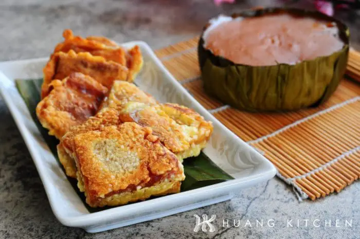 Pan Fried Nian Gao Recipe by Huang Kitchen - Fritters arranged on a plate with homemade Kuih Bakul