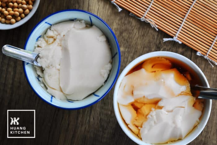 Tau Foo Fah Recipe (Douhua / Soybean Pudding) Recipe by Huang Kitchen - served with ginger syrup or palm sugar Gula Melaka Syrup top down view