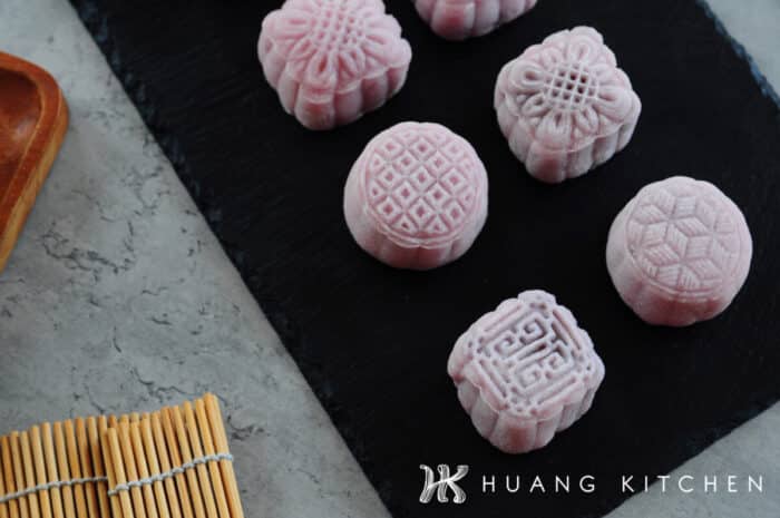 Yam Paste Snow Skin Mooncakes Recipe by Huang Kitchen - Top down photo of mooncakes on black plate