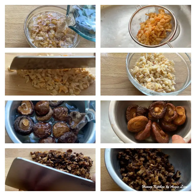 soak, drain, chop and dice dried shrimp and dried shiitake mushrooms.