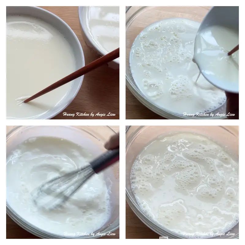 Pour milk into egg whites and stir to mix well.