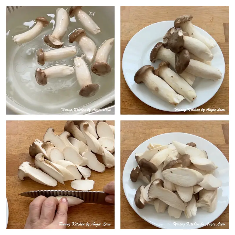 Briefly rinse and cut king oyster mushrooms into thick strips.